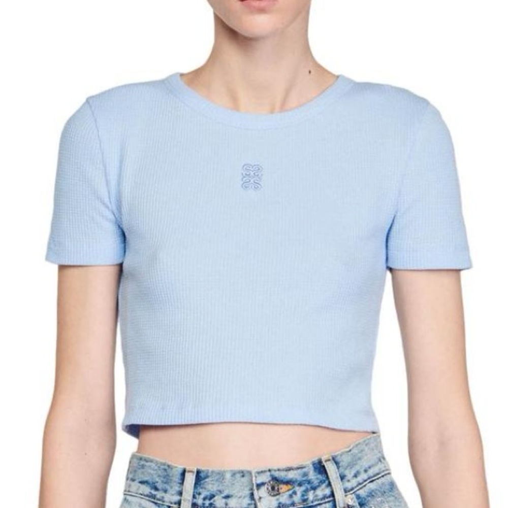 Sandro Size 0 US XS Light Blue Logo Crop Baby Tee Waffle Knit